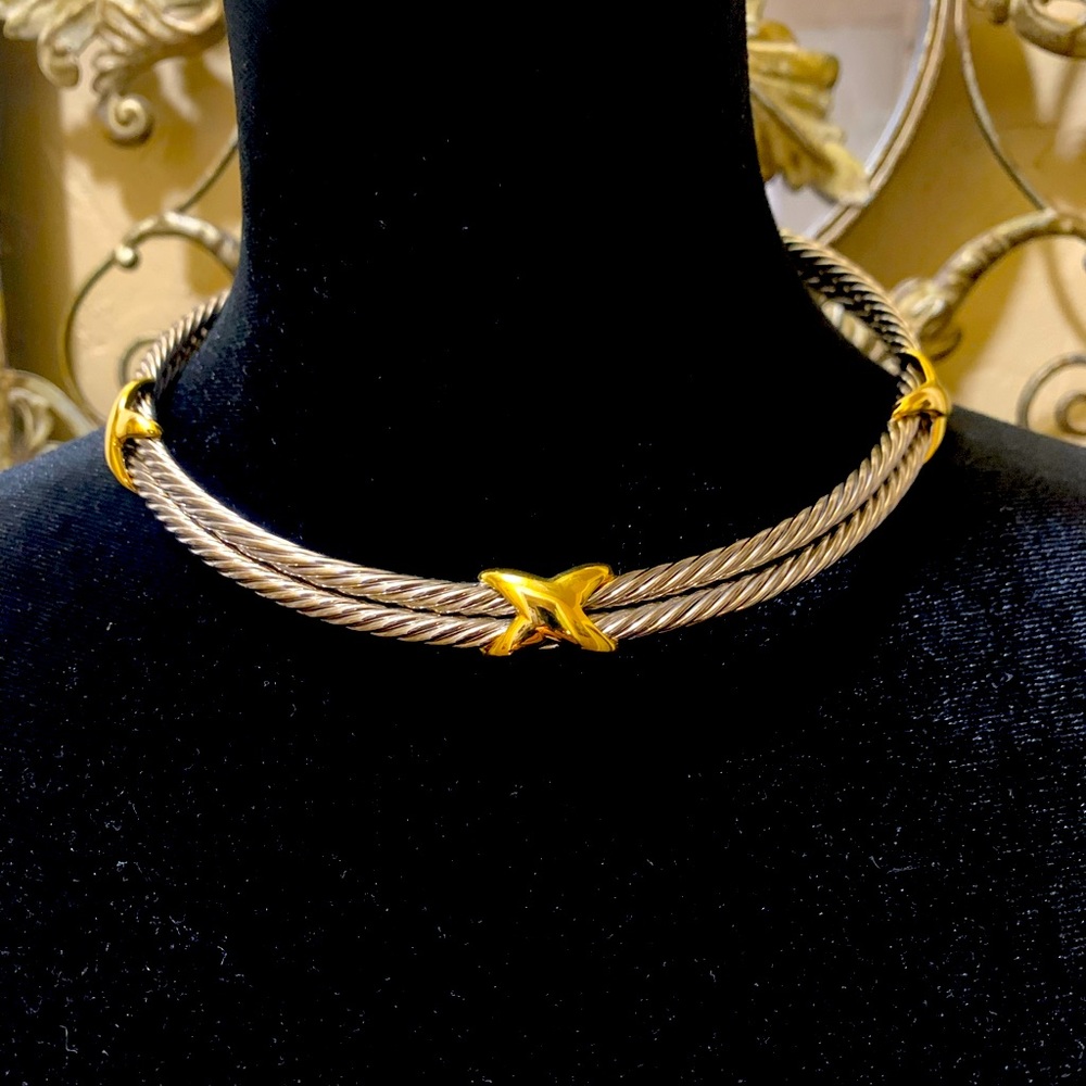 Classic 3 Double X Cable Choker Necklace and Earring Set in Gold & Silver Tones